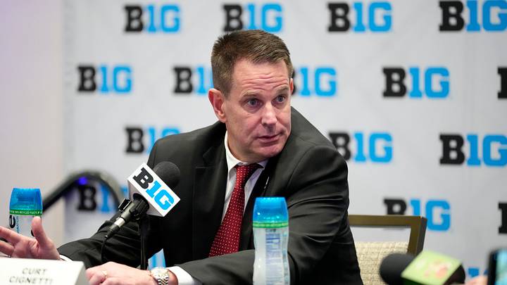 Jul 22, 2025; Las Vegas, NV, USA; Indiana head coach Curt Cignetti speaks to the media during the Big Ten NCAA college football media days at Mandalay Bay Resort. Mandatory Credit: Lucas Peltier-Imagn Images