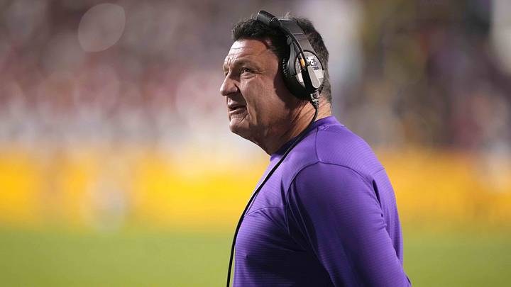 Nov 13, 2021; Baton Rouge, Louisiana, USA; LSU Tigers head coach Ed Orgeron reacts in the first half against the Arkansas Razorbacks at Tiger Stadium. Mandatory Credit: Kirby Lee-USA TODAY Sports Nov 13, 2021; Baton Rouge, Louisiana, USA; LSU Tigers head coach Ed Orgeron reacts in the first half against the Arkansas Razorbacks at Tiger Stadium. Mandatory Credit: Kirby Lee-USA TODAY Sports