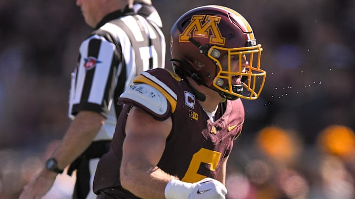 Sep 27, 2025; Minneapolis, Minnesota, USA; Minnesota Golden Gophers linebacker Maverick Baranowski (6) celebrates his sack against Rutgers Scarlet Knights during the second quarter at Huntington Bank Stadium. Mandatory Credit: Nick Wosika-Imagn Images Sep 27, 2025; Minneapolis, Minnesota, USA; Minnesota Golden Gophers linebacker Maverick Baranowski (6) celebrates his sack against Rutgers Scarlet Knights during the second quarter at Huntington Bank Stadium. Mandatory Credit: Nick Wosika-Imagn Images