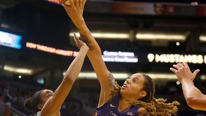 Mercury's Brittany Griner (42) tips a ball away from Liberty's Kiah Stokes during the first half at Talking Stick Resort Arena in Phoenix, Ariz. on Aug. 19, 2018.
865709002 Mercury's Brittany Griner (42) tips a ball away from Liberty's Kiah Stokes during the first half at Talking Stick Resort Arena in Phoenix, Ariz. on Aug. 19, 2018.
865709002