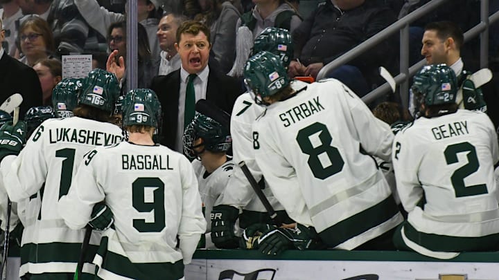 MSU hockey coach Adam Nightingale coaches his Spartans, Saturday, March 22, 2025, during the third period of the Big 10 Hockey final at Munn Ice Arena. MSU won 4-3 in double overtime. MSU hockey coach Adam Nightingale coaches his Spartans, Saturday, March 22, 2025, during the third period of the Big 10 Hockey final at Munn Ice Arena. MSU won 4-3 in double overtime.