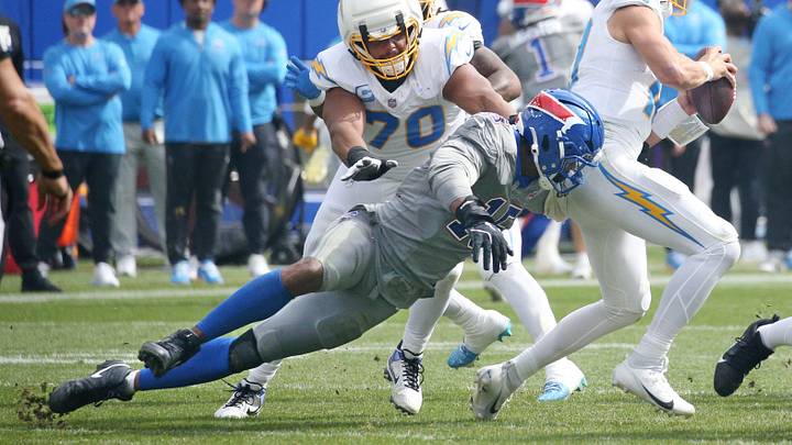 Bills linebacker Greg Rousseau gets a first half sack on Chargers quarterback Justin Herbert during their game Sunday, September 27, 2026 at Highmark Stadium in Orchard Park, NY.