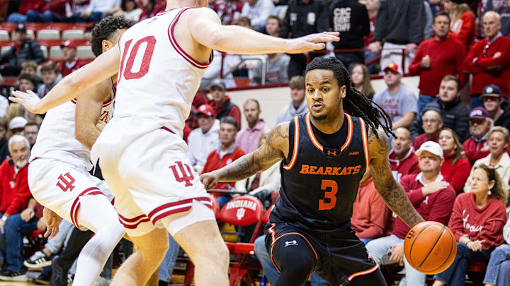Sam Houston State Bearkats guard Lamar Wilkerson (3) dribbles the ball while Indiana Hoosiers forward Luke Goode (10) defends in the second half at Simon Skjodt Assembly Hall. Mandatory Credit: Trevor Ruszkowski-Imagn Images Sam Houston State Bearkats guard Lamar Wilkerson (3) dribbles the ball while Indiana Hoosiers forward Luke Goode (10) defends in the second half at Simon Skjodt Assembly Hall. Mandatory Credit: Trevor Ruszkowski-Imagn Images