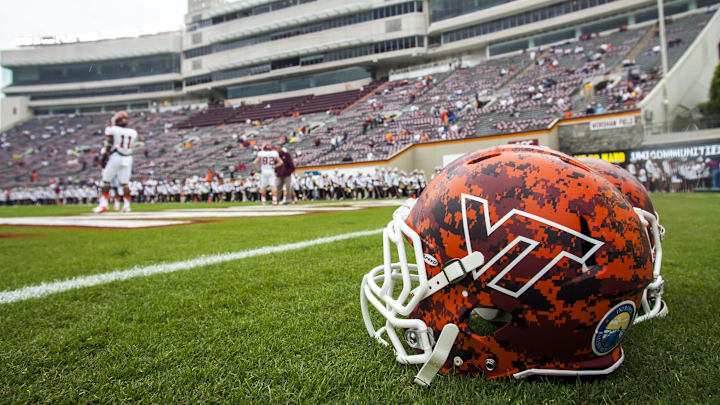Sep 21, 2013; Blacksburg, VA, USA; A view of the Virginia Tech Hokies helmet before the game against the Marshall Thundering Herd at Lane Stadium. Mandatory Credit: Peter Casey-Imagn Images Sep 21, 2013; Blacksburg, VA, USA; A view of the Virginia Tech Hokies helmet before the game against the Marshall Thundering Herd at Lane Stadium. Mandatory Credit: Peter Casey-Imagn Images