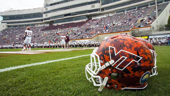 Sept. 21, 2013; Blacksburg, Va.; A view of Virginia Tech's helmet before the game against Marshall at Lane Stadium.