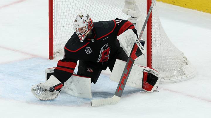 Jun 11, 2026; Raleigh, North Carolina, USA; Carolina Hurricanes goaltender Brandon Bussi (32) controls the puck during the second period against the Vegas Golden Knights in game five of the 2026 Stanley Cup Final at Lenovo Center. Mandatory Credit: Nathan Ray Seebeck-Imagn Images Jun 11, 2026; Raleigh, North Carolina, USA; Carolina Hurricanes goaltender Brandon Bussi (32) controls the puck during the second period against the Vegas Golden Knights in game five of the 2026 Stanley Cup Final at Lenovo Center. Mandatory Credit: Nathan Ray Seebeck-Imagn Images