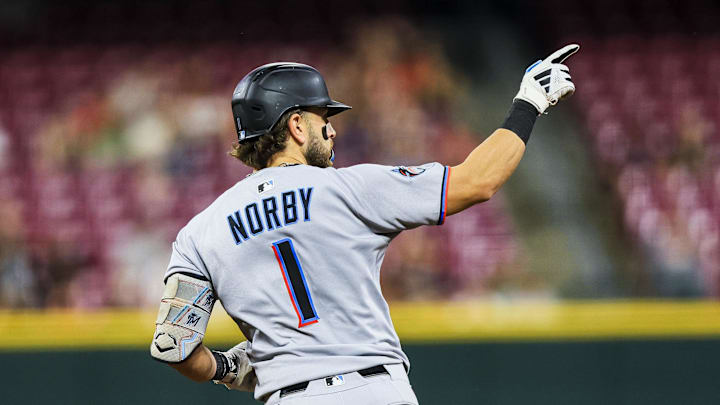 Cincinnati, Ohio, USA; Miami Marlins third baseman Connor Norby (1) reacts after hitting a solo home run in the ninth inning against the Cincinnati Reds at Great American Ball Park.