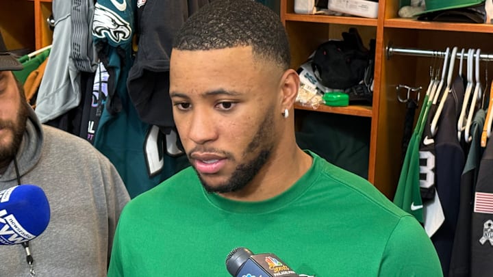 Running back Saquon Barkley answers reporters' questions in the days leading up to the Eagles' home playoff game against the San Francisco 49ers.