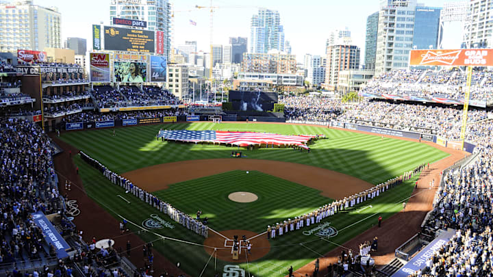 Mar 30, 2014; San Diego, CA, USA; A general view of Petco Park during the national anthem on the opening day baseball game between the Los Angeles Dodgers and the San Diego Padres. Mandatory Credit: Christopher Hanewinckel-Imagn Images Mar 30, 2014; San Diego, CA, USA; A general view of Petco Park during the national anthem on the opening day baseball game between the Los Angeles Dodgers and the San Diego Padres. Mandatory Credit: Christopher Hanewinckel-Imagn Images