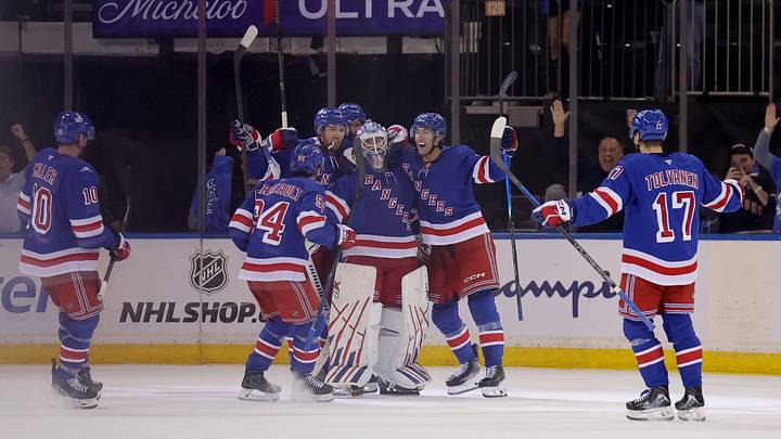 Oct 1, 2026; New York, New York, USA; New York Rangers goaltender Igor Shesterkin (31) celebrates his empty net goal against the Tampa Bay Lightning with teammates during the third period at Madison Square Garden. Mandatory Credit: Brad Penner-Imagn Images Oct 1, 2026; New York, New York, USA; New York Rangers goaltender Igor Shesterkin (31) celebrates his empty net goal against the Tampa Bay Lightning with teammates during the third period at Madison Square Garden. Mandatory Credit: Brad Penner-Imagn Images