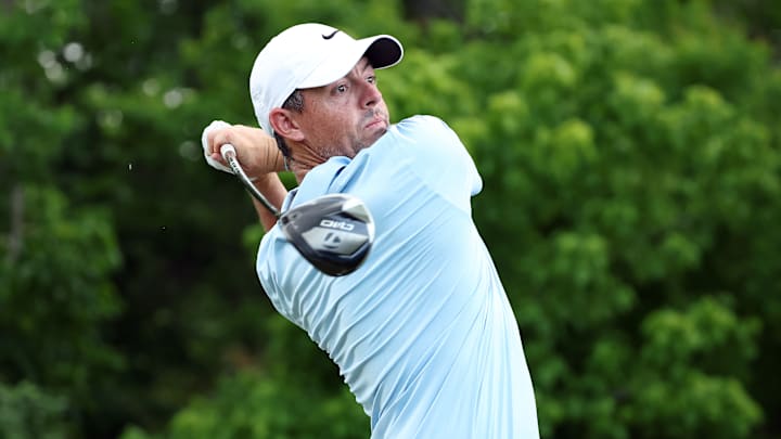Rory McIlroy tees off during the third round of the 2025 Zurich Classic of New Orleans