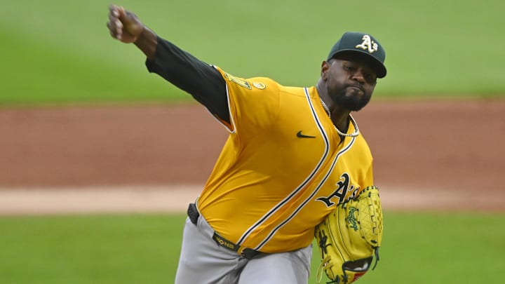 Jul 19, 2025; Cleveland, Ohio, USA; Athletics starting pitcher Luis Severino (40) delivers a pitch in the first inning against the Cleveland Guardians at Progressive Field. Mandatory Credit: David Richard-Imagn Images