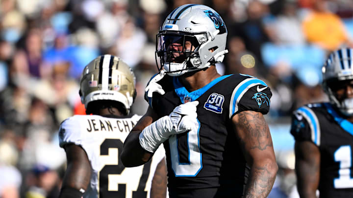 Carolina Panthers tight end Ja'Tavion Sanders reacts after making a catch in the third quarter at Bank of America Stadium.