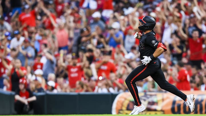 Jun 27, 2025; Cincinnati, Ohio, USA; Cincinnati Reds first baseman Spencer Steer (7) runs the bases after hitting a two-run home run in the fifth inning against the San Diego Padres at Great American Ball Park. Mandatory Credit: Katie Stratman-Imagn Images