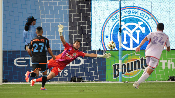 Jun 28, 2024; New York, New York, USA; Orlando City goalkeeper Javier Otero (50) is unable to block a goal by New York City FC forward Monsef Bakrar (not pictured) in the second half at Yankee Stadium. Mandatory Credit: Vincent Carchietta-Imagn Images