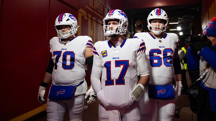 Jan 26, 2025; Kansas City, MO, USA; Buffalo Bills offensive tackle Alec Anderson (70), quarterback Josh Allen (17) and guard Connor McGovern (66) against the Kansas City Chiefs during the AFC Championship Game Jan 26, 2025; Kansas City, MO, USA; Buffalo Bills offensive tackle Alec Anderson (70), quarterback Josh Allen (17) and guard Connor McGovern (66) against the Kansas City Chiefs during the AFC Championship Game