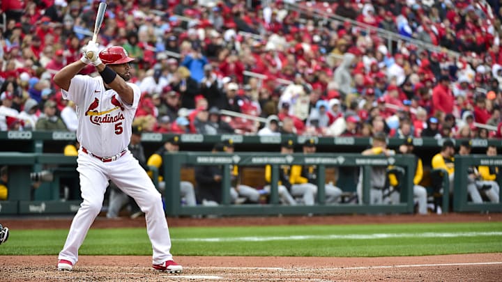 Apr 7, 2022; St. Louis, Missouri, USA; St. Louis Cardinals designated hitter Albert Pujols (5) bats against the Pittsburgh Pirates during the fifth inning of Opening Day at Busch Stadium. Mandatory Credit: Jeff Curry-Imagn Images Apr 7, 2022; St. Louis, Missouri, USA; St. Louis Cardinals designated hitter Albert Pujols (5) bats against the Pittsburgh Pirates during the fifth inning of Opening Day at Busch Stadium. Mandatory Credit: Jeff Curry-Imagn Images