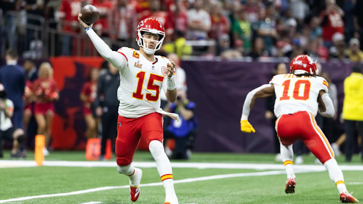 Feb 9, 2025; New Orleans, LA, USA; Kansas City Chiefs quarterback Patrick Mahomes (15) against the Philadelphia Eagles in Super Bowl LIX at Ceasars Superdome. Mandatory Credit: Mark J. Rebilas-Imagn Images Feb 9, 2025; New Orleans, LA, USA; Kansas City Chiefs quarterback Patrick Mahomes (15) against the Philadelphia Eagles in Super Bowl LIX at Ceasars Superdome. Mandatory Credit: Mark J. Rebilas-Imagn Images