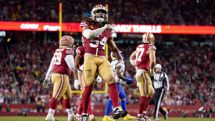 Dec 12, 2024; Santa Clara, California, USA; San Francisco 49ers linebacker Fred Warner (54) reacts after making a tackle against the Los Angeles Rams in the fourth quarter at Levi's Stadium. Mandatory Credit: Cary Edmondson-Imagn Images Dec 12, 2024; Santa Clara, California, USA; San Francisco 49ers linebacker Fred Warner (54) reacts after making a tackle against the Los Angeles Rams in the fourth quarter at Levi's Stadium. Mandatory Credit: Cary Edmondson-Imagn Images