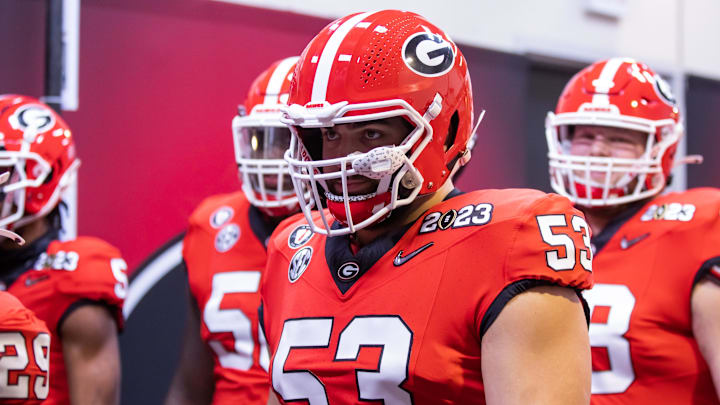 Jan 9, 2023; Inglewood, CA, USA; Georgia Bulldogs offensive lineman Dylan Fairchild (53) against the TCU Horned Frogs during the CFP national championship game at SoFi Stadium. Mandatory Credit: Mark J. Rebilas-Imagn Images