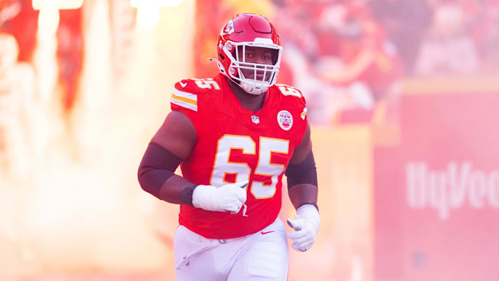 Jan 26, 2025; Kansas City, MO, USA; Kansas City Chiefs guard Trey Smith (65) against the Buffalo Bills in the AFC Championship game at GEHA Field at Arrowhead Stadium. Mandatory Credit: Mark J. Rebilas-Imagn Images