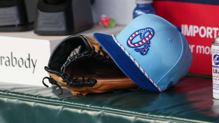Jul 4, 2025; Atlanta, Georgia, USA; A detailed view of the Baltimore Orioles 4th of July hat in the dugout against the Atlanta Braves in the third inning at Truist Park. 