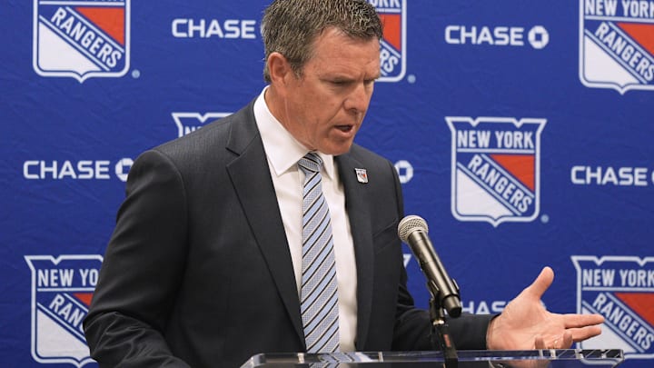 May 8, 2025; Tarrytown, NY, USA;  New York Rangers head coach Mike Sullivan is introduced during a press conference at the MSG Training Center in Tarrytown, New York May 8, 2025. Mandatory Credit: Peter Carr/USA TODAY NETWORK via Imagn Images