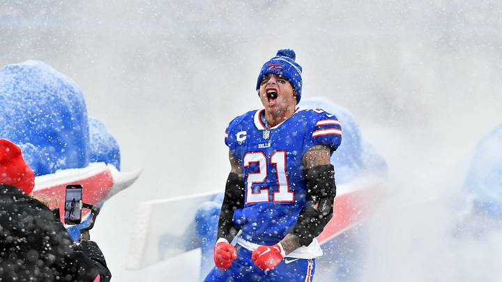 Jan 22, 2023; Orchard Park, New York, USA; Buffalo Bills safety Jordan Poyer (21) reacts before an AFC divisional round game between the Buffalo Bills and the Cincinnati Bengals at Highmark Stadium.