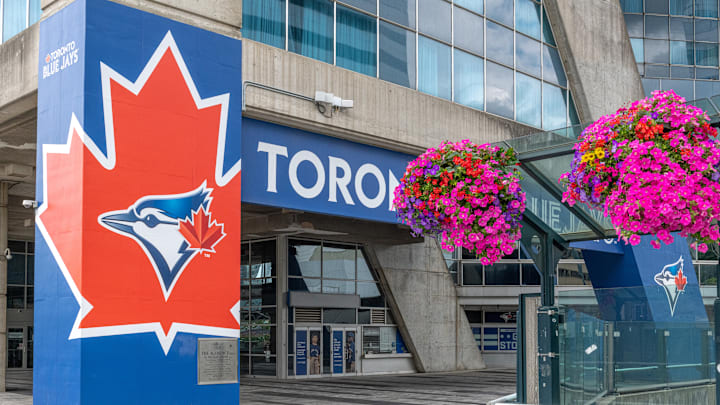 Toronto Blue Jays logo at the entrance of the Rogers Centre...