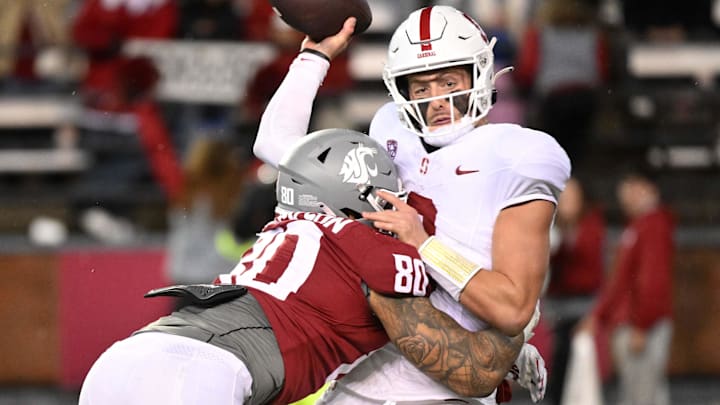 Nov 4, 2023; Pullman, Washington, USA; Stanford Cardinal quarterback Justin Lamson (8) is hit while