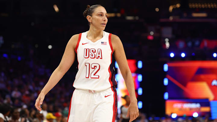 Jul 20, 2024; Phoenix, AZ, USA; USA Women's National Team guard Diana Taurasi (12) during the WNBA All Star game at Footprint Center. Mandatory Credit: Mark J. Rebilas-Imagn Images