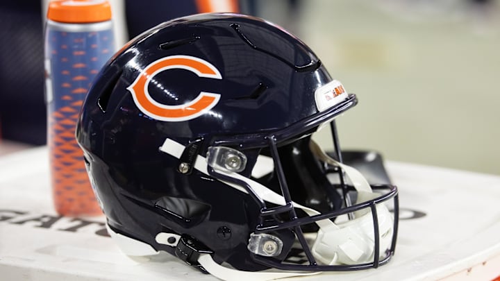 Nov 3, 2024; Glendale, Arizona, USA; Detailed view of a Chicago Bears helmet at State Farm Stadium. Mandatory Credit: Mark J. Rebilas-Imagn Images
