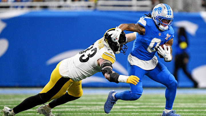 Dec 21, 2025; Detroit, Michigan, USA; Detroit Lions running back Jahmyr Gibbs (0) runs the ball during the first quarter against the Pittsburgh Steelers at Ford Field. Mandatory Credit: Lon Horwedel-Imagn Images