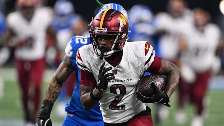 Jan 18, 2025; Detroit, Michigan, USA; Washington Commanders wide receiver Dyami Brown (2) runs the ball during the first quarter against Detroit Lions in a 2025 NFC divisional round game at Ford Field. Mandatory Credit: Lon Horwedel-Imagn Images