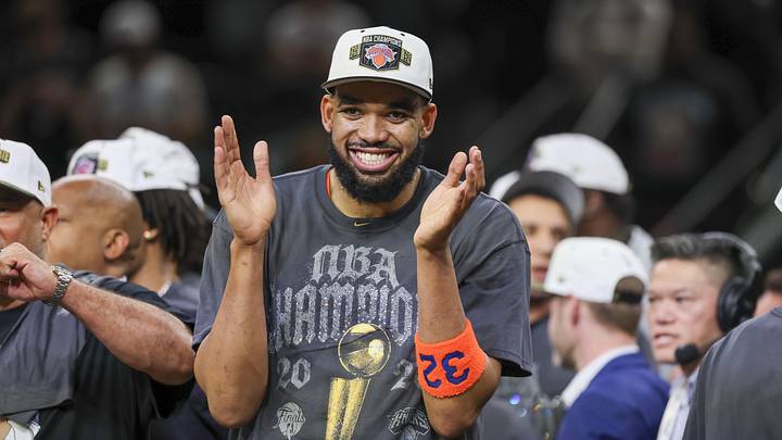 Jun 13, 2026; San Antonio, Texas, USA; New York Knicks center Karl-Anthony Towns (32) celebrates after the Knicks defeat the San Antonio Spurs during game five of the 2026 NBA Finals at Frost Bank Center. Jun 13, 2026; San Antonio, Texas, USA; New York Knicks center Karl-Anthony Towns (32) celebrates after the Knicks defeat the San Antonio Spurs during game five of the 2026 NBA Finals at Frost Bank Center.