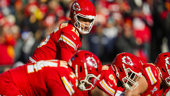 Dec 21, 2024; Kansas City, Missouri, USA; Kansas City Chiefs quarterback Patrick Mahomes (15) gets ready before the snap during the first half against the Houston Texans at GEHA Field at Arrowhead Stadium. Mandatory Credit: Jay Biggerstaff-Imagn Images Dec 21, 2024; Kansas City, Missouri, USA; Kansas City Chiefs quarterback Patrick Mahomes (15) gets ready before the snap during the first half against the Houston Texans at GEHA Field at Arrowhead Stadium. Mandatory Credit: Jay Biggerstaff-Imagn Images