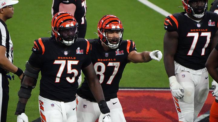 Feb 13, 2022; Inglewood, California, USA; Cincinnati Bengals offensive tackle Isaiah Prince (75) and tight end C.J. Uzomah (87) react after a play in the fourth quarter against the Los Angeles Rams in Super Bowl LVI at SoFi Stadium. Mandatory Credit: Kirby Lee-USA TODAY Sports Feb 13, 2022; Inglewood, California, USA; Cincinnati Bengals offensive tackle Isaiah Prince (75) and tight end C.J. Uzomah (87) react after a play in the fourth quarter against the Los Angeles Rams in Super Bowl LVI at SoFi Stadium. Mandatory Credit: Kirby Lee-USA TODAY Sports