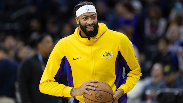 Nov 27, 2023; Philadelphia, Pennsylvania, USA; Los Angeles Lakers forward Anthony Davis before action against the Philadelphia 76ers at Wells Fargo Center. Mandatory Credit: Bill Streicher-Imagn Images
