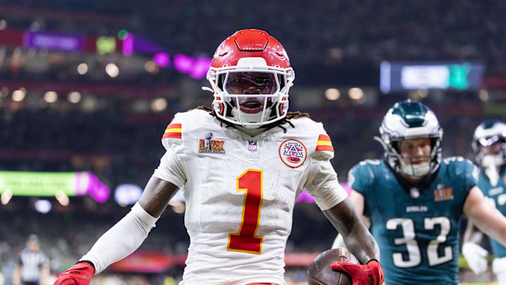 Feb 9, 2025; New Orleans, LA, USA; Kansas City Chiefs wide receiver Xavier Worthy (1) against the Philadelphia Eagles in Super Bowl LIX at Ceasars Superdome. Mandatory Credit: Mark J. Rebilas-Imagn Images Feb 9, 2025; New Orleans, LA, USA; Kansas City Chiefs wide receiver Xavier Worthy (1) against the Philadelphia Eagles in Super Bowl LIX at Ceasars Superdome. Mandatory Credit: Mark J. Rebilas-Imagn Images