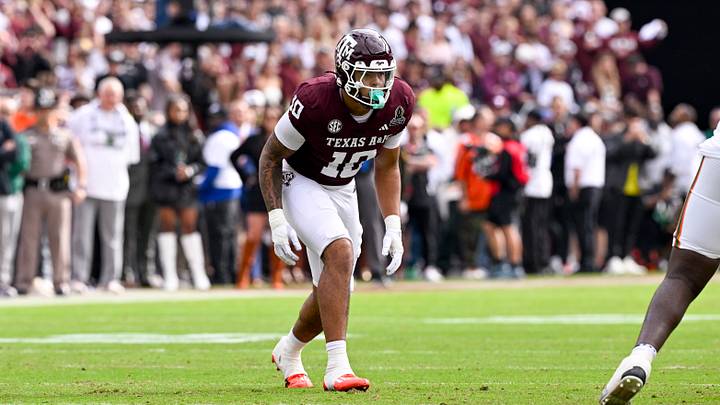 Texas A&M Aggies defensive end Marco Jones (10) lines up during the game between the Aggies and the Hurricanes at Kyle Field. 