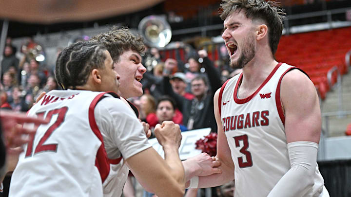 Feb 8, 2025; Pullman, Washington, USA; Washington State Cougars forward Ethan Price (3) celebrates with teammates after a game against the Pepperdine Waves at Friel Court at Beasley Coliseum. Washington State Cougars won 87-86. Mandatory Credit: James Snook-Imagn Images