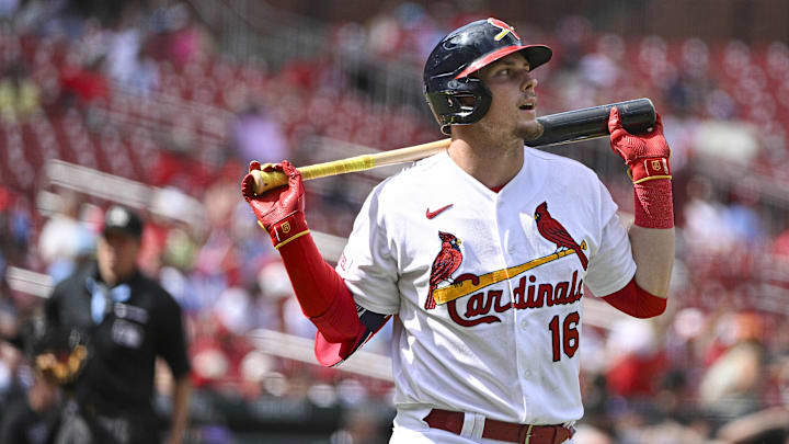 Aug 6, 2023; St. Louis, Missouri, USA;  St. Louis Cardinals second baseman Nolan Gorman (16) walks