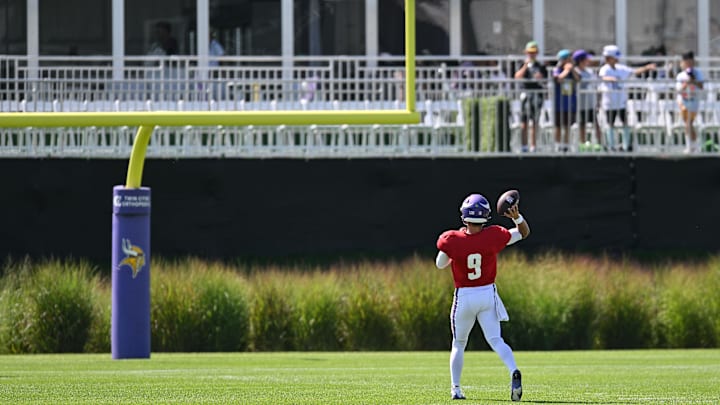 Aug 2, 2024; Eagan, MN, USA; Minnesota Vikings quarterback J.J. McCarthy (9) warms up during practice at Vikings training camp in Eagan, MN. Aug 2, 2024; Eagan, MN, USA; Minnesota Vikings quarterback J.J. McCarthy (9) warms up during practice at Vikings training camp in Eagan, MN.