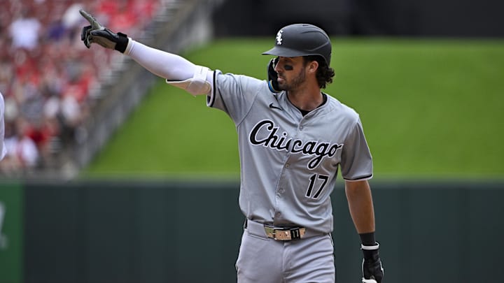 May 5, 2024; St. Louis, Missouri, USA;  Chicago White Sox second baseman Braden Shewmake (17) reacts after hitting a one run single against the St. Louis Cardinals during the seventh inning at Busch Stadium.