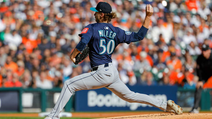 Oct 8, 2025; Detroit, Michigan, USA; Seattle Mariners pitcher Bryce Miller (50) throws to the plate in the first inning during game four of the ALDS round for the 2025 MLB playoffs against the Detroit Tigers at Comerica Park. Mandatory Credit: Rick Osentoski-Imagn Images
