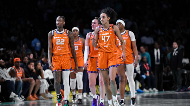 Aug 25, 2025; Brooklyn, New York, USA; Connecticut Sun guard Leila Lacan (47) returns to the floor after a timeout during the second half against the New York Liberty at Barclays Center. Mandatory Credit: John Jones-Imagn Images