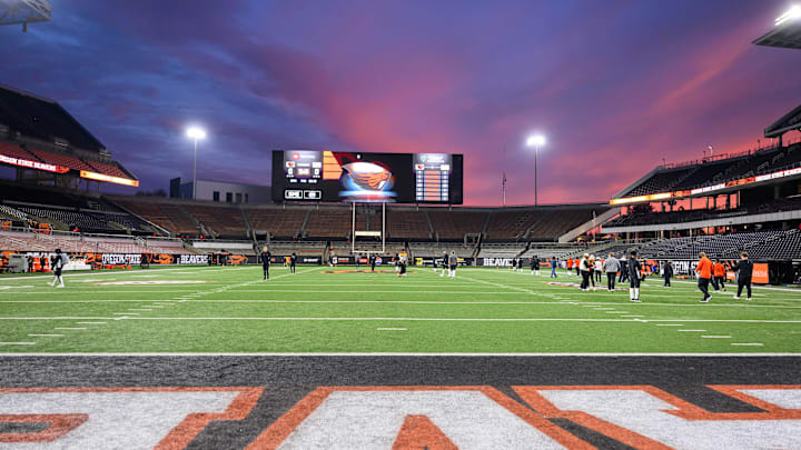 Nov 8, 2025; Corvallis, Oregon, USA; Sam Houston Bearkats team members was the field during sunset before the game against the Oregon State Beavers at Reser Stadium. Mandatory Credit: Craig Strobeck-Imagn Images