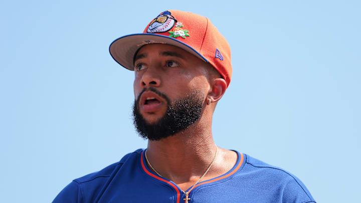 Feb 27, 2026; Jupiter, Florida, USA; New York Mets pitcher Devin Williams (38) looks on against the St. Louis Cardinals during the fourth inning at Roger Dean Chevrolet Stadium. Mandatory Credit: Sam Navarro-Imagn Images