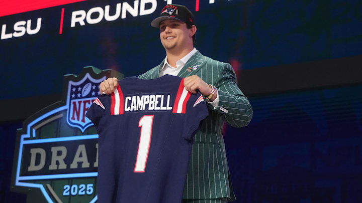 Apr 24, 2025; Green Bay, WI, USA; LSU Tigers offensive lineman Will Campbell is selected by the New England Patriots as the number four pick in the first round of the 2025 NFL Draft at Lambeau Field. Mandatory Credit: Kirby Lee-Imagn Images
