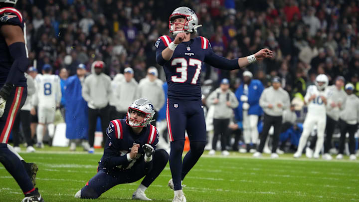 Nov 12, 2023; Frankfurt, Germany; New England Patriots place kicker Chad Ryland (37) kicks a 24-yard field goal out of the hold of punter Bryce Baringer (17) against the Indianapolis Colts in the second half during an NFL International Series game at Deutsche Bank Park.